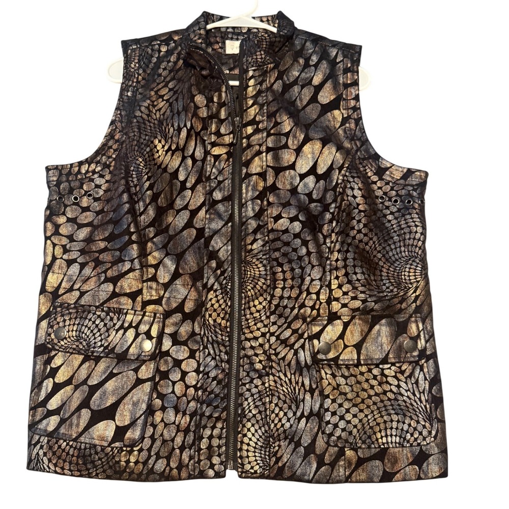Erin London Vest Women Large Gold Bronze Metallic Zip Up Good Pebble Print